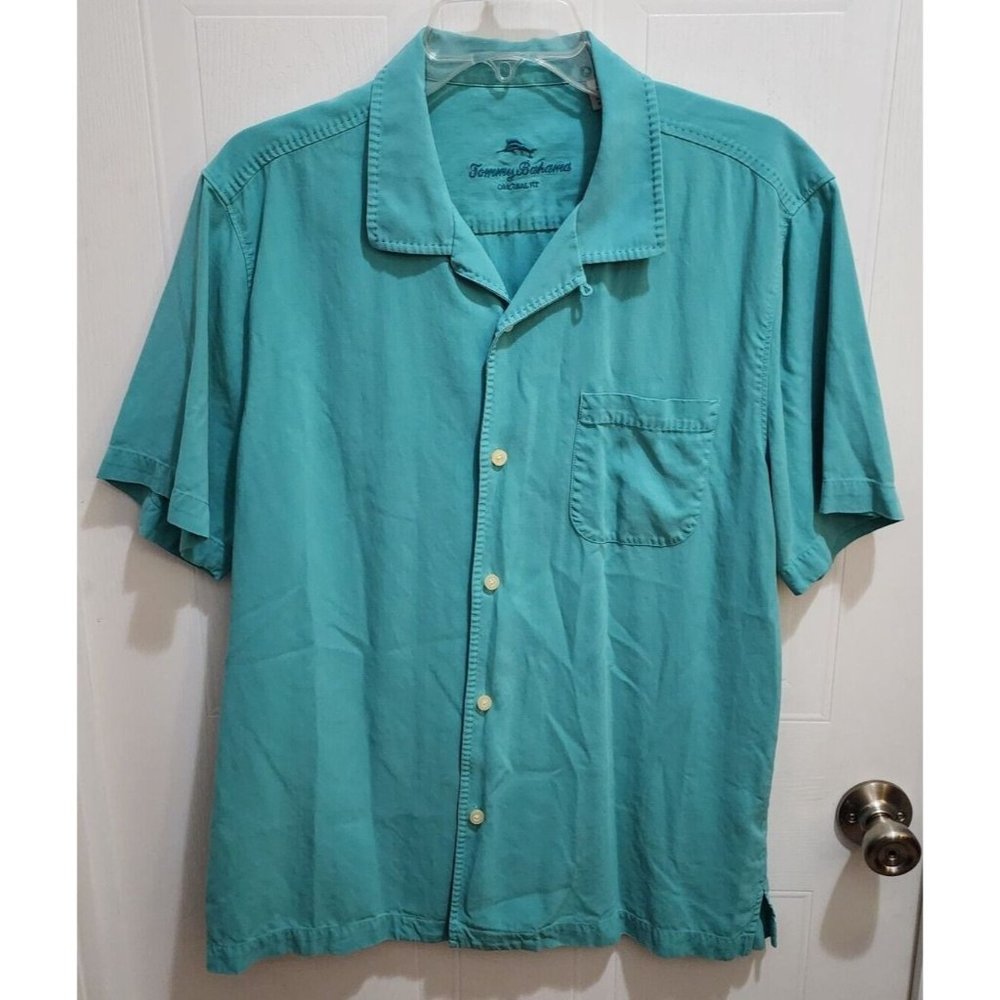 Tommy Bahama Original Fit‎ Mens Large 100% Silk Blue Fishing Shirt Marlin Logo